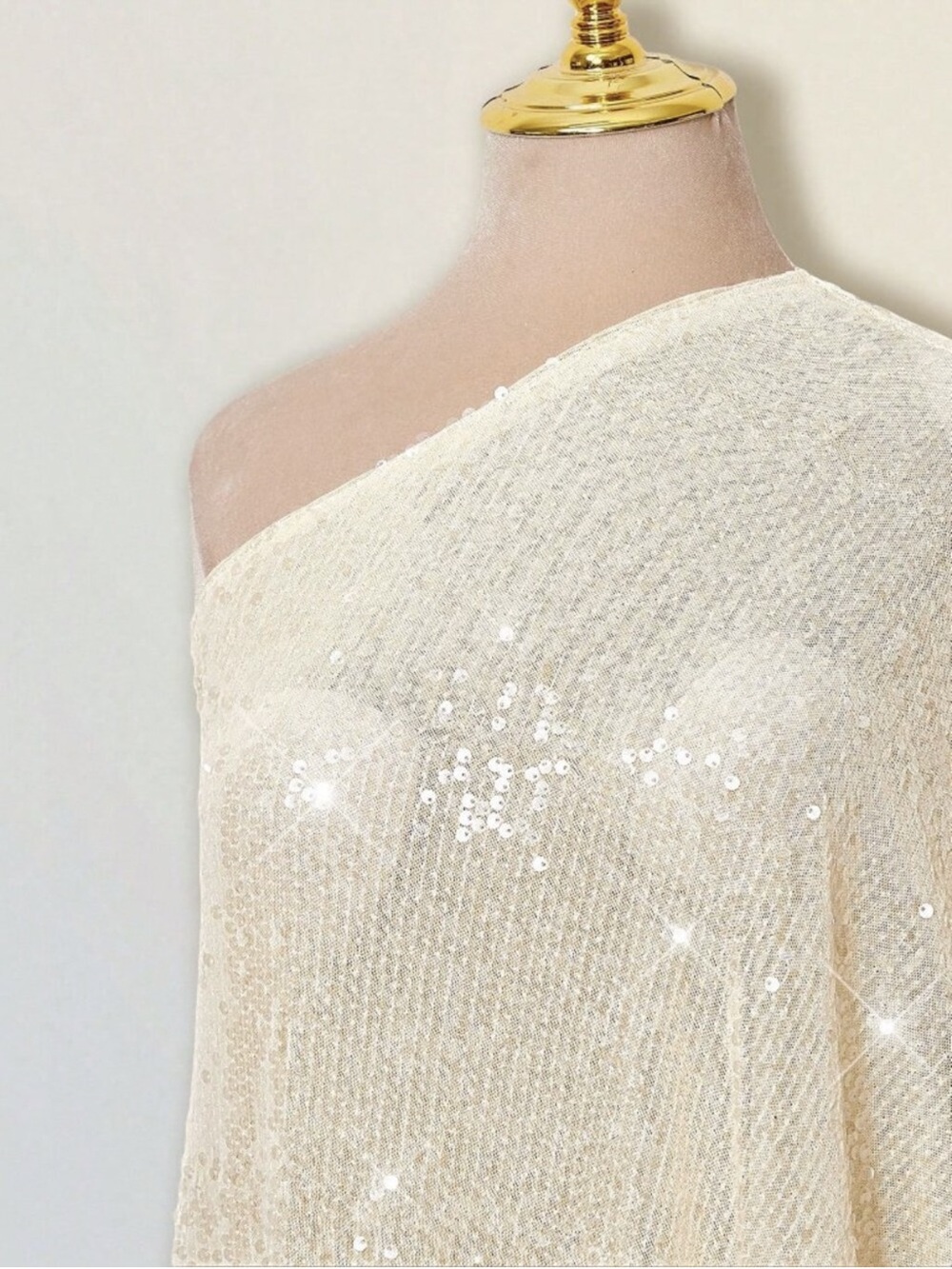 One-Shoulder Sequin Cream Dress Cover-Up - Picture 11 of 14